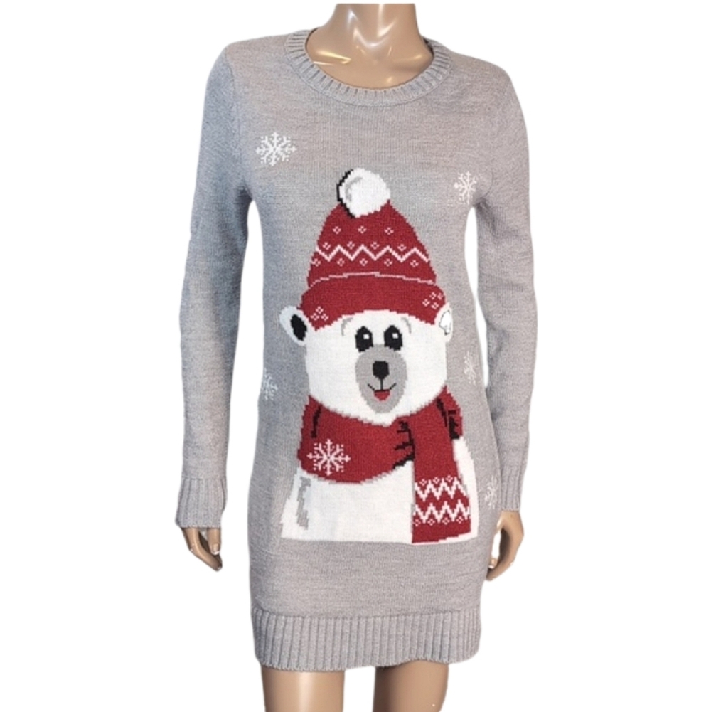 Guilty Polar Bear Holiday Sweater Dress Grey Size Medium Ugly Christmas Knit